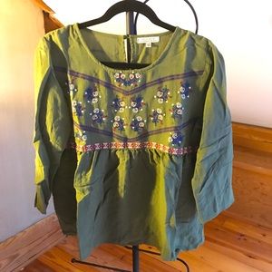 Anthropologie Polagram Green Embroidered Boho Top, GUC, L